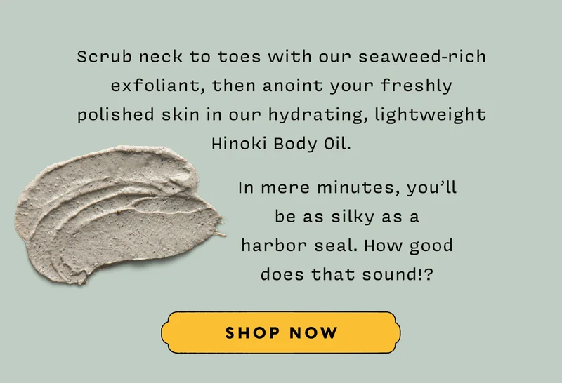 Scrub neck to toes with our seaweed-rich exfoliant, then anoint your freshly polished skin in our hydrating, lightweight Hinoki Body Oil.  In mere minutes, you’ll be as silky as a harbor seal. How good does that sound!?     SHOP NOW