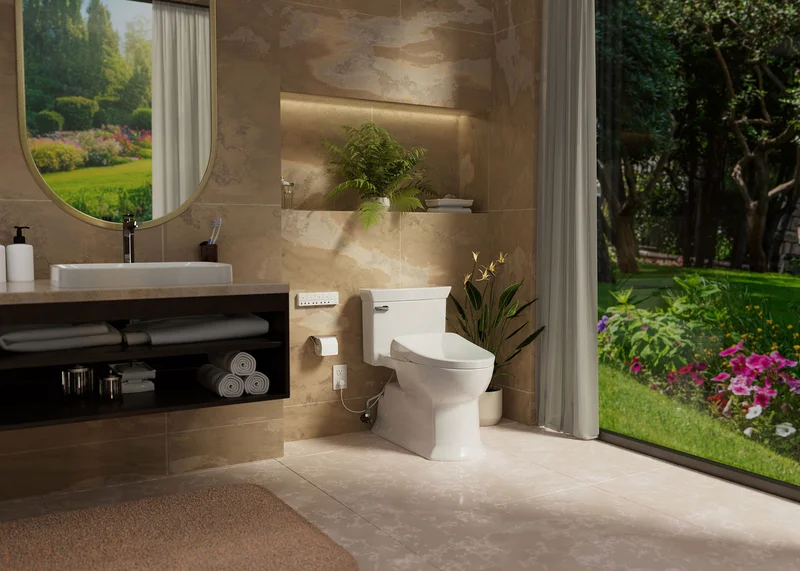 Soirée WASHLET+ S7A One-Piece Bidet Toilet in a spacious bathroom with luscious greenery visible through the bathroom window