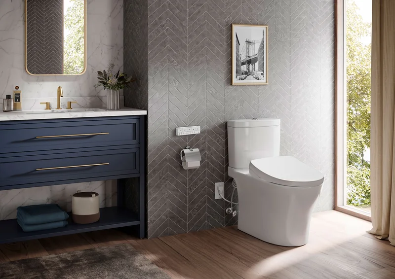 Aquia IV WASHLET+ S7A One-Piece Bidet Toilet in a modern farmhouse style bathroom