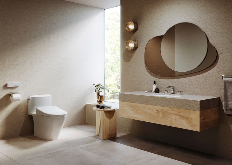 Nexus WASHLET+ S7A One-Piece Bidet Toilet displayed in a luxury beige toned bathroom
