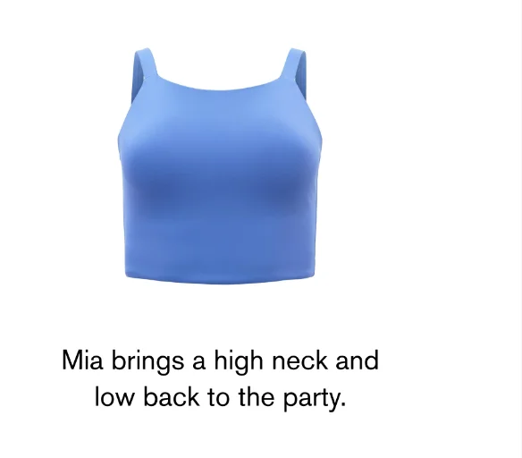 Mia brings a high neck and low back to the party