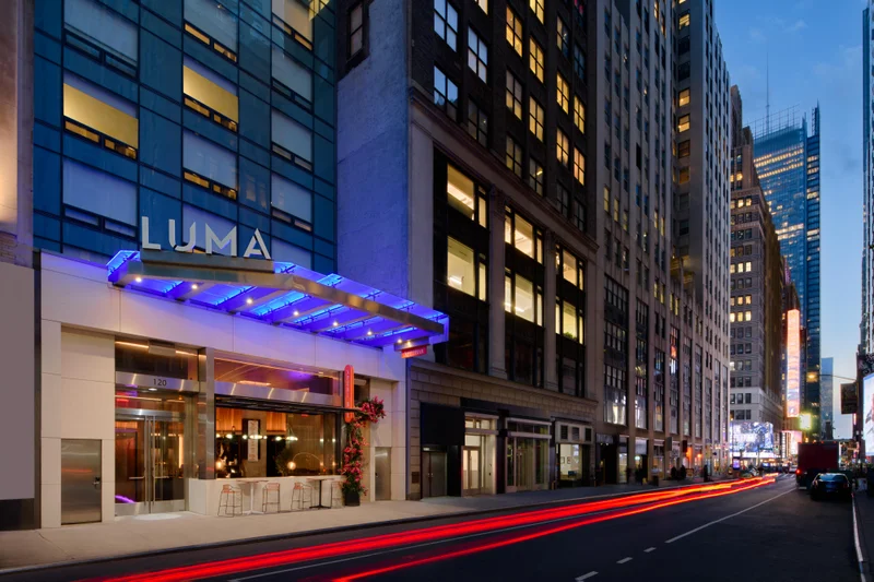Exterior of LUMA Hotel Times Square at night