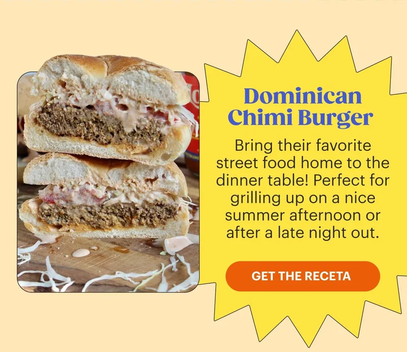 Dominican Chimi Burger  Bring their favorite street food home to the dinner table! Perfect for grilling up on a nice summer afternoon or after a late night out. GET THE RECETA