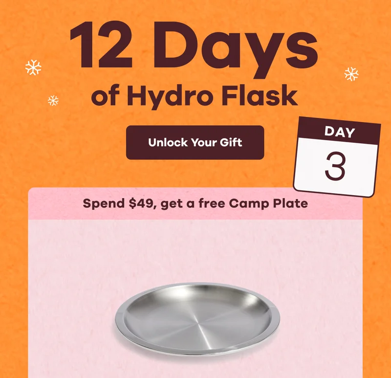 12 Days of Hydro Flask Day 3. Spend $49, get a free Camp Plate | Unlock Your Gift