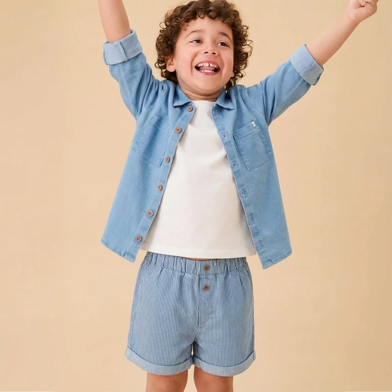 Image of Striped Soft Denim Shorts