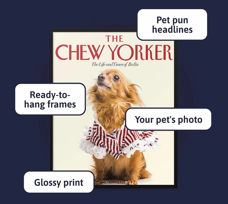 Magazine pet posters: Ready to hang frames / Pet pun headlines / Glossy print