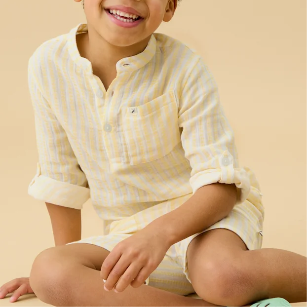 KIDLY by MORI Mustard Striped Collarless Muslin Shirt & Shorts Outfit