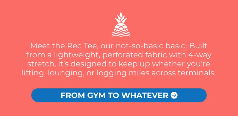 Meet the Rec Tee, our not-so-basic basic. Built from a lightweight, perforated fabric with 4-way stretch, it’s designed to keep up whether you’re lifting, lounging, or logging miles across terminals.