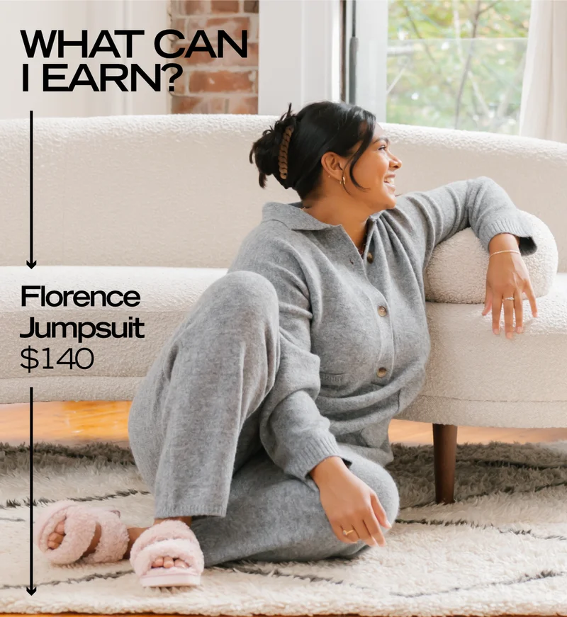 Model wearing grey jumpsuit sat on floor with caption 'what can i earn florence jumpsuit $140'