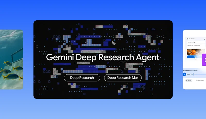 Gemini Deep Research Agent graphic with 'Deep Research' buttons, flanked by underwater imagery and a mobile AI video interface.