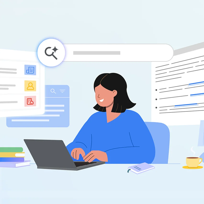 Flat illustration of a woman typing on a laptop at a desk surrounded by floating digital icons.