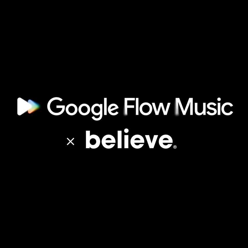 Rainbow play icon with 'Google Flow Music' and 'x believe' text on a black background.