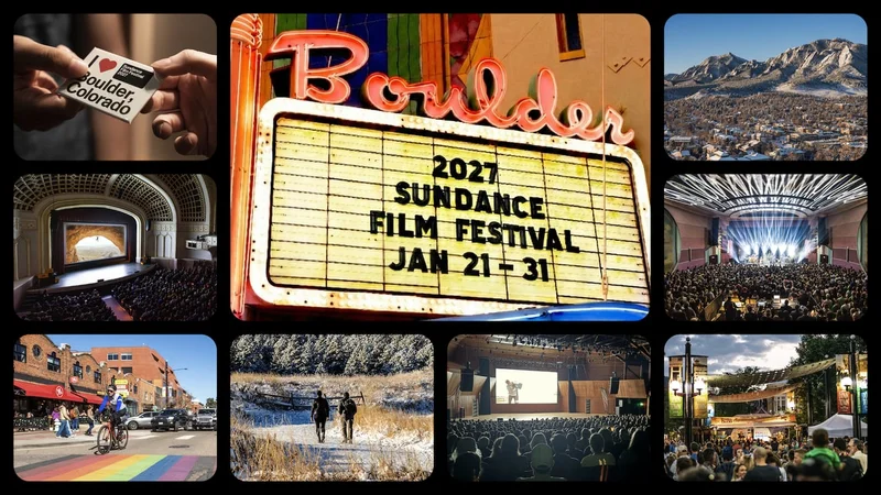 A collection of images of venues of the 2027 Sundance Film Festival. The middle image is of the Boulder Theater with 2027 Sundance Film Festival Jan 21–31 written in the marquee.