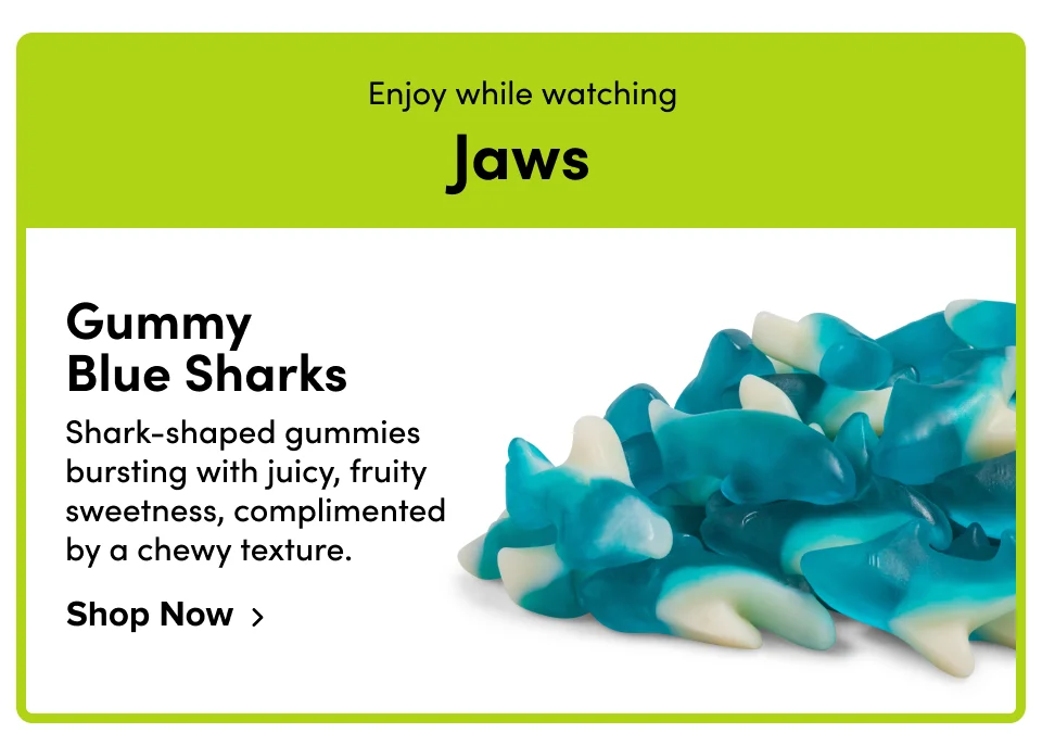 Enjoy while watching Jaws Gummy Blue Sharks Shark-shaped gummies bursting with juicy, fruity sweetness, complimented by a chewy texture. Shop Now