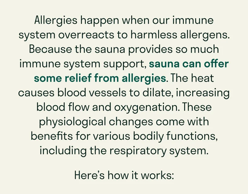 Allergies happen when our immune system overreacts to harmless allergens. Because the sauna provides so much immune system support, sauna can offer some relief from allergies. The heat causes blood vessels to dilate, increasing blood flow and oxygenation. These physiological changes come with benefits for various bodily functions, including the respiratory system.