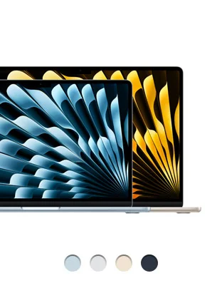Two models, front exterior, 13-inch MacBook Air, 15-inch MacBook Air, 15-inch MacBook Air is taller and wider than 13-inch MacBook Air, Liquid Retina display, rounded corners, raised feet, available in four colors