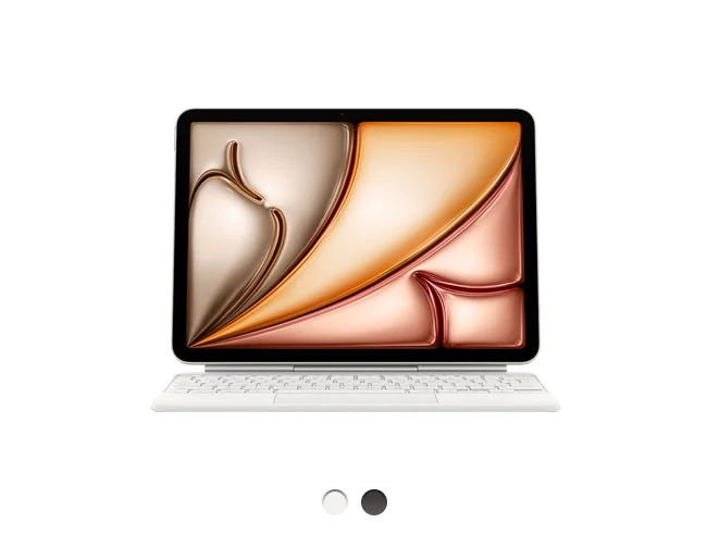 iPad Air attached to Magic Keyboard in landscape orientation, white, available in two colors