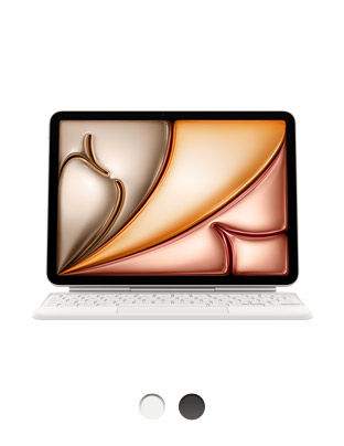 iPad Air attached to Magic Keyboard in landscape orientation, white, available in two colors