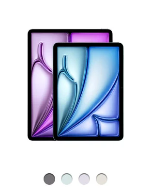 Two models, front exterior, 13-inch iPad Air, 11-inch iPad Air, 13-inch iPad Air is taller and wider than 11-inch iPad Air, rounded corners, black display bezel, available in four colors