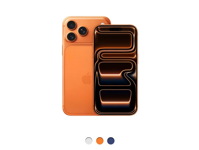 iPhone 17 Pro, back exterior, cosmic orange color, Pro Fusion camera system spanning across the top, Apple logo in center, front exterior, available in three colors