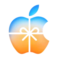 Apple logo glows in orange color, then seamlessly transitions from orange at the bottom into blue color at top, gift ribbons pull around logo, forming a bowtie in center