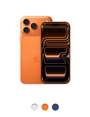 iPhone 17 Pro, back exterior, cosmic orange color, Pro Fusion camera system spanning across the top, Apple logo in center, front exterior, available in three colors