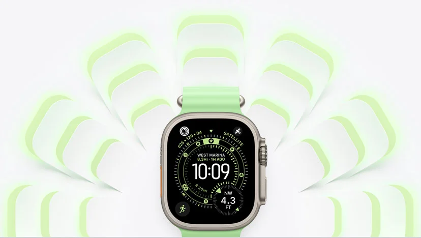 Apple Watch Ultra 3, natural color titanium case, neon green color Ocean band, Digital Crown, matching neon green color round radial shapes radiate outward