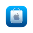 Apple Store App icon, blue color square, rounded corners, white color shopping bag with centered gray color Apple logo