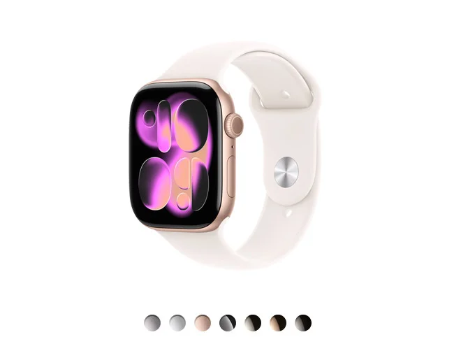 Apple Watch Series 11, rose color aluminum case, light blush Sport Band, Digital Crown, available in four aluminum finishes and three titanium finishes