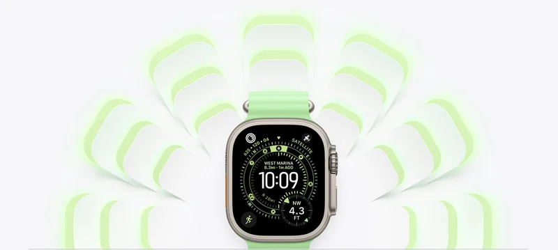 Apple Watch Ultra 3, natural color titanium case, neon green color Ocean band, Digital Crown, matching neon green color round radial shapes radiate outward