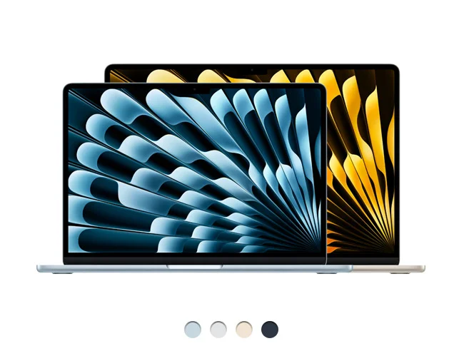 Two models, front exterior, 13-inch MacBook Air, 15-inch MacBook Air, 15-inch MacBook Air is taller and wider than 13-inch MacBook Air, Liquid Retina display, rounded corners, raised feet, available in four colors