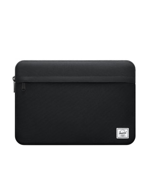 Herschel Anchor Sleeve for MacBook, front exterior, black color, top zipper, zippered front pocket, company logo at lower right