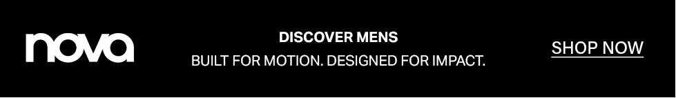 Black banner ad for Nova MENS clothing: "DISCOVER MENS" with a "Built for motion. Designed for impact." tagline. Shop now.