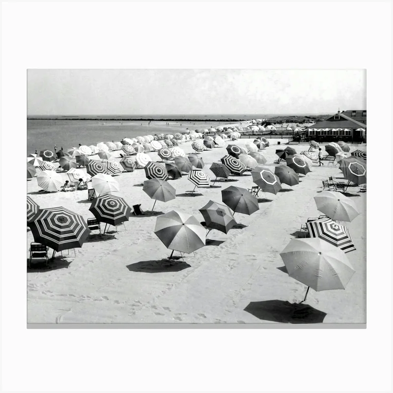 Image of Umbrellas On The Beach, Vintage Black and White Old Photo Canvas Print
