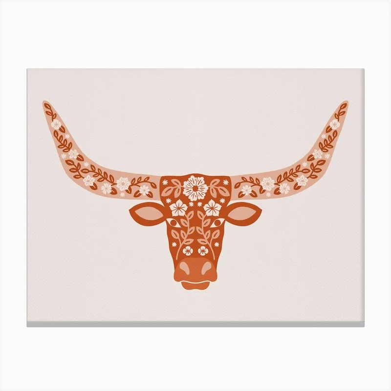 Image of Floral Longhorn   Burnt Orange Canvas Print