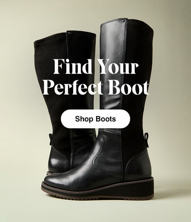 A pair of the the Madi Boots in Black leather. The email says Find Your Perfect Boot. Shop Boots