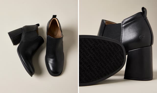 The Tayta Chelsea Boot in Black leather designed with a rounded square toe and flared block heel. Shop Tayta