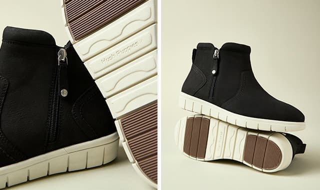The Cemile Bootie in Black nubuck designed with a sporty, low wedge heel and side-zip closure. Shop Cemile