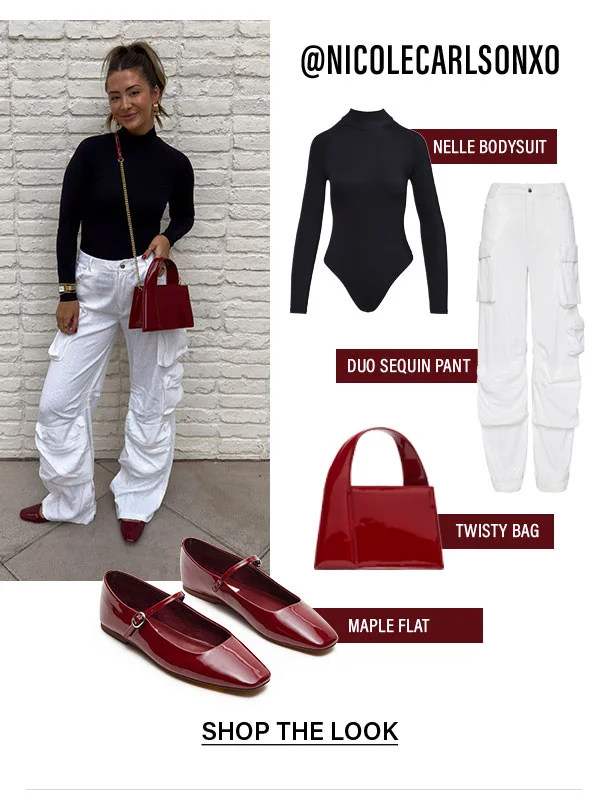 Nelle bodysuit, duo sequin pant, twisty bag, maple flat