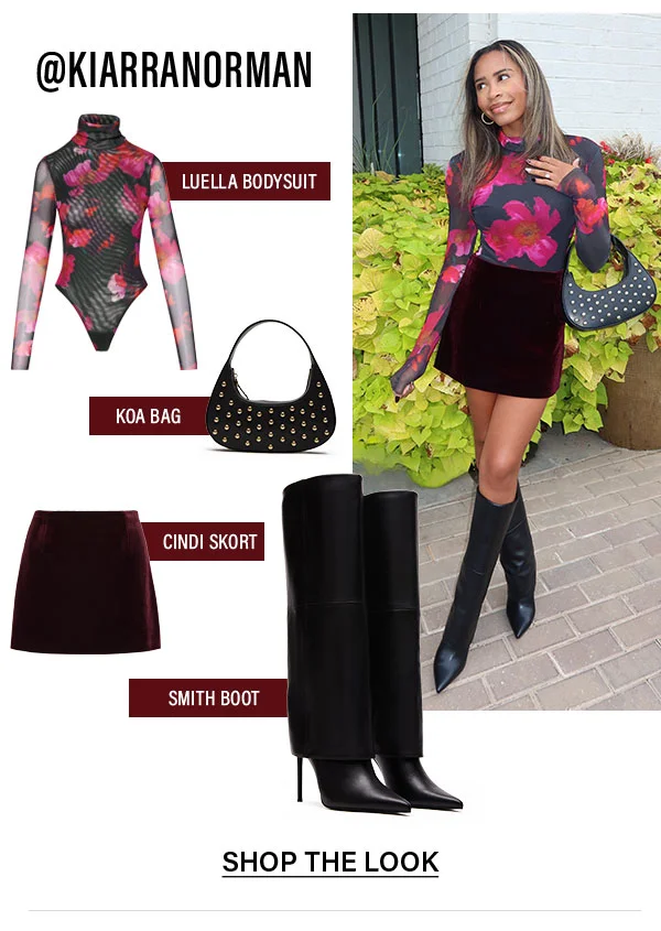 Luella bodysuit, koa bag, cindi skort, smith boot