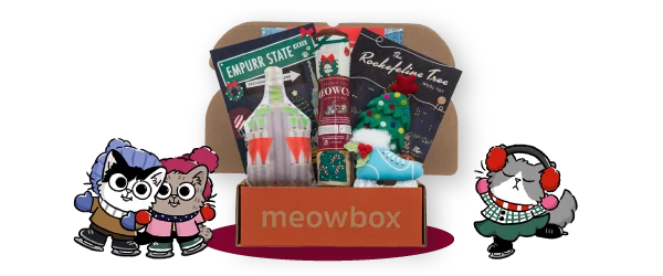 Image of the Catmas in Mew York meowbox (featuring toys like the 100% wool Rockefeline Tree, Empurr State Kicker, Meowcy's Mat and more)