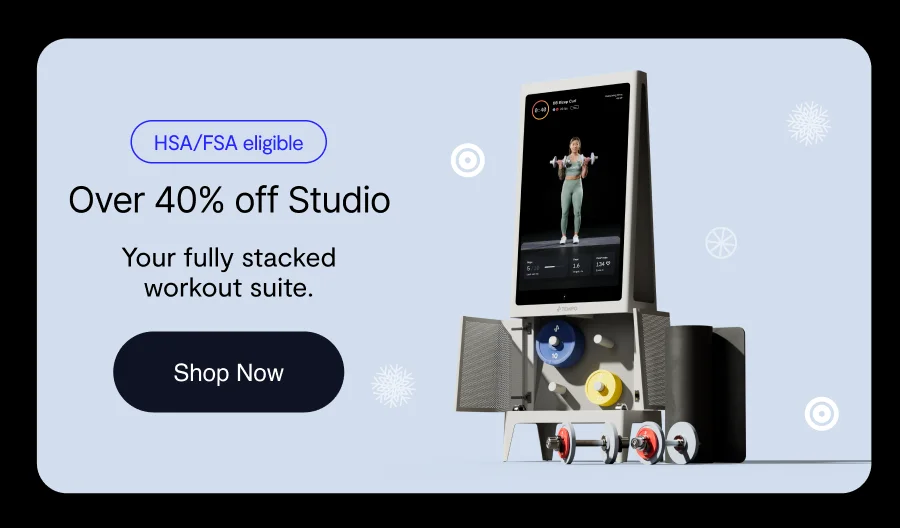 image previewing Tempo studio equipment with text: "HSA/FSA eligible Over 40% off Studio Your fully stacked workout suite. shop now"
