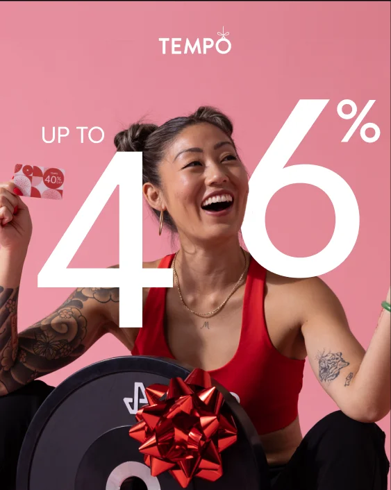 Tempo's logo and animated gif for Tempo studio with discount text "40%"