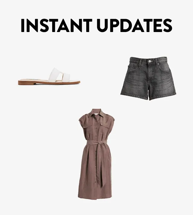 A belted shirtdress, printed minidress, denim shorts, a lacy camisole and gold sandal.