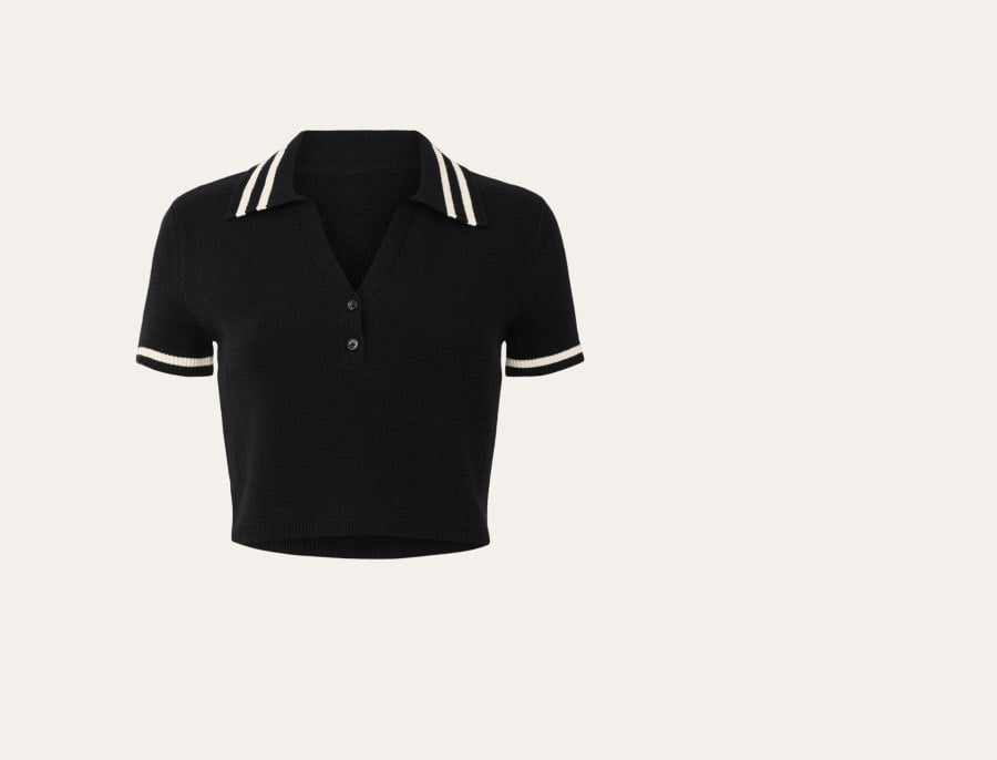 Tennis Club Sweater Knit Cropped Polo - black ivory