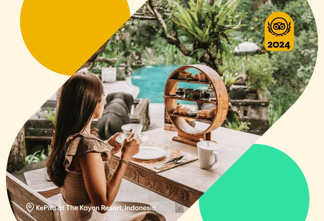 Image Description: A rotating GIF featuring imagery from fine dining restaurants around the world, including a traveler dining at KePitu at The Kayon Resort in Indonesia, a pasta dish at Ristorante Villa Crespi in Italy, and steak served on a wooden block at Alameda Suiça in Brazil. A gold 2024 Travelers’ Choice Awards Best of the Best badge is on the top right of each image.