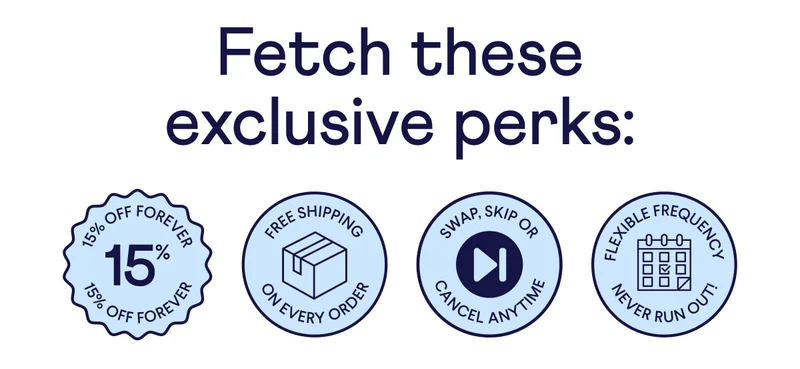 Fetch these exclusive perks: 15% off forever badge, free shipping on every order badge, swap, skip, or cancel anytime badge, flexible frequency/ never run out badge.