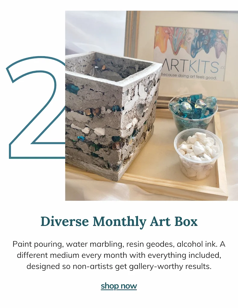 Diverse Monthly Art Box - Paint pouring, water marbling, resin geodes, alcohol ink. A different medium every month with everything included, designed so non-artists get gallery-worthy results.