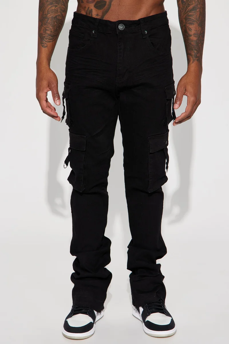 Image of With Me Cargo Stacked Skinny Flare Jeans - Black