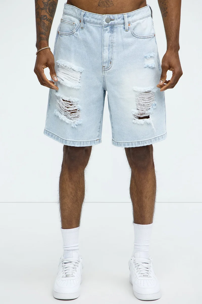 Image of Classic Distressed Relaxed Denim Shorts - Light Blue Wash